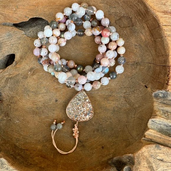 Pink Opal, Moonstone & Labradorite Mala with Pyrite Guru Bead