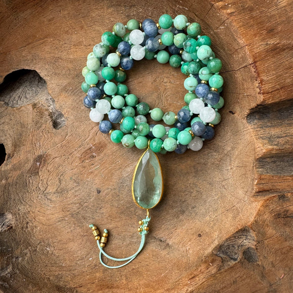 Blue Kynite, Moonstone and Chrysoprase Mala with Fluorite Guru Bead