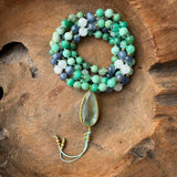 Blue Kynite, Moonstone and Chrysoprase Mala with Fluorite Guru Bead