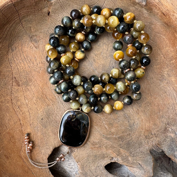 Hawk’s eye Mala with Pietersite Guru Bead