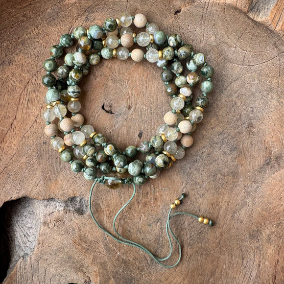 Forest Jasper, Rutilated Quartz, Agarwood Adjustable Mala with Smokey Quartz Guru Bead