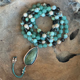AgarWood, Smokey Quartz, Aventurine, Robin's Egg Agate Mala with Labradorite Guru Bead
