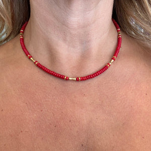 Gold- Mediterranean Coral Beaded Sterling Silver Necklace