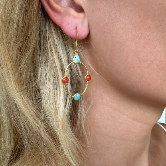 Silver - Turquoise and Coral Earrings
