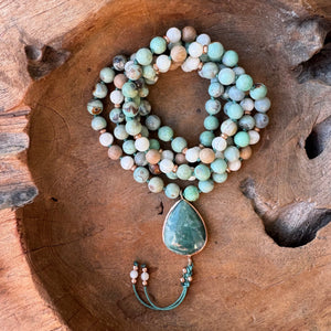 AgarWood, White Shells, Robin's Egg Agate Mala with Moss Agate Guru Bead