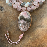 Rose Quartz, Labradorite, White Shells Mala with Rhodochrosite Guru Bead