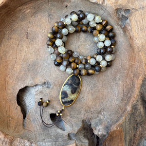 Matte Tiger's Eye, Rutilated Quartz and Bronzite One of a Kind Mala with Septarian Guru Bead