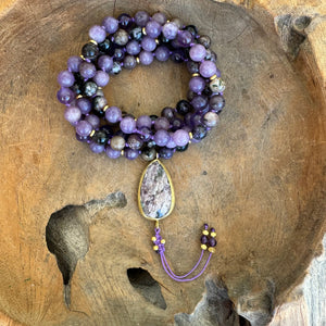 Amethyst, Lepidolite and Charoite Mala with Charoite Guru Bead