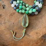 Blue Kynite, Moonstone and Chrysoprase Mala with Fluorite Guru Bead