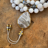 Smokey Quartz, Labradorite and White Agate Mala with White Agate Guru Bead