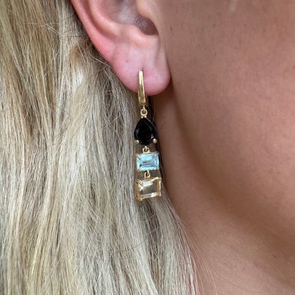 Silver - Citrine , Garnet and Aquamarine Earrings
