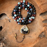 Larimar, Shungite, Petrified Wood and Blue Kynite One of a Kind Mala with Pietersite Guru Bead
