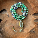 Blue Kynite, Moonstone and Chrysoprase Mala with Fluorite Guru Bead