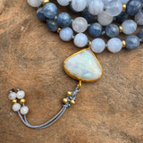 Blue Kynite, Moonstone and Chalcedony Mala with Moonstone  Guru Bead