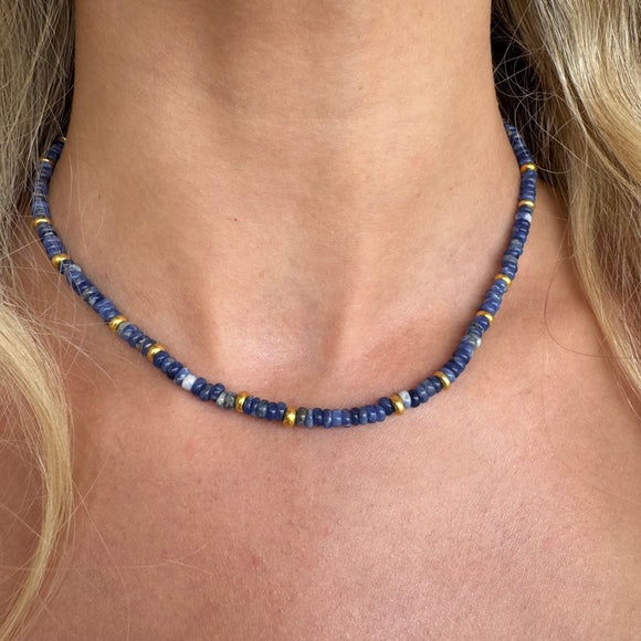 Gold- Lapis Lazuli Beaded Sterling Silver Necklace