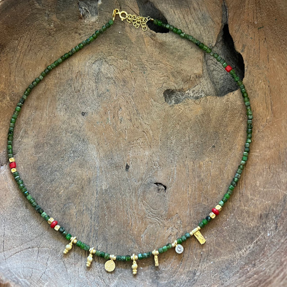 Silver- Siberian Emerald and Mediterranean Coral Beaded Sterling Silver Necklace