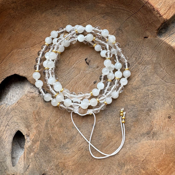 Moonstone & Clear Quartz Adjustable Mala with Agarwood Guru Bead