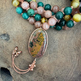 Verdite, Sunstone and Golden Tiger's Eye Mala with Fancy Jasper Guru Bead