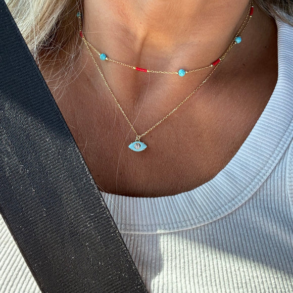 Silver- Turquoise and Mediterranean Coral Beaded Sterling Silver Necklace