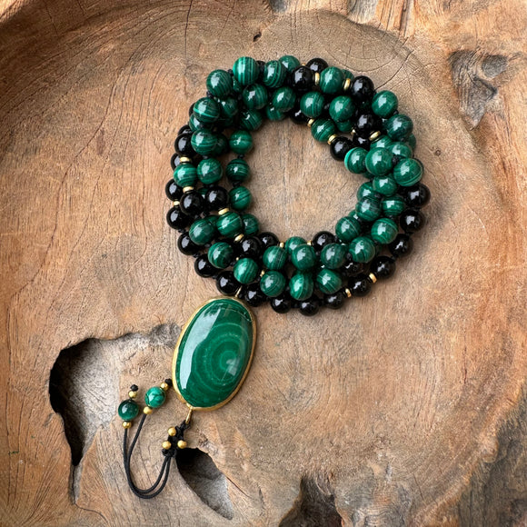 Malachite and Black Tourmaline Mala with Amalachite Guru Bead