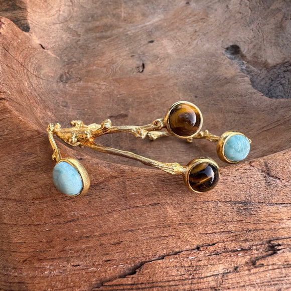 Gold- Larimar and Tiger's Eye Bangle Bracelet