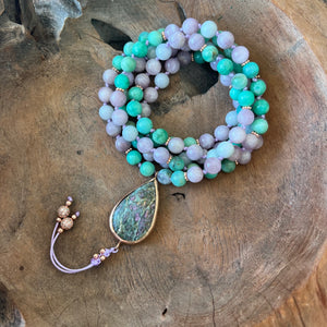 Kunzite & Chrysoprase and Burma Jade Mala with Ruby Fuchsite Guru Bead