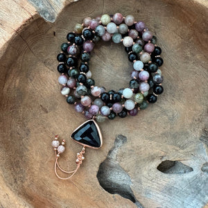 Watermelon Tourmaline and Black Tourmaline Mala with Black Onyx Guru Bead