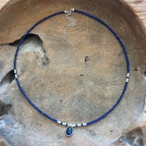 Silver- Lapis Lazuli Beaded Sterling Silver Necklace with Blue Kynite Pendant