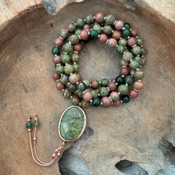 Nephrite Jade, Unaliye and Petrified Wood Mala with Unakite Guru Bead