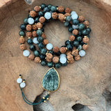 Seraphinite , Moonstone and Radrushka Mala with Seraphinite Guru Bead