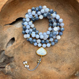 Blue Kynite, Moonstone and Chalcedony Mala with Moonstone  Guru Bead
