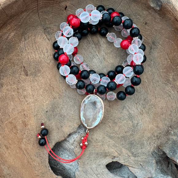 Onyx, Mediterranean Coral and Om Mani Padme Hum Mala with Clear Quartz Guru Bead