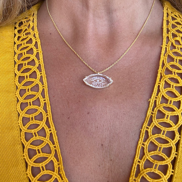Silver - Eye Shape Eye of Protection Etched Adjustable Necklace on Clear Quartz