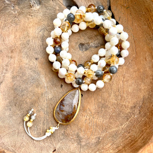 Labradorite, Citrine and White Shells Mala with Crazy Lace Agate Guru Bead