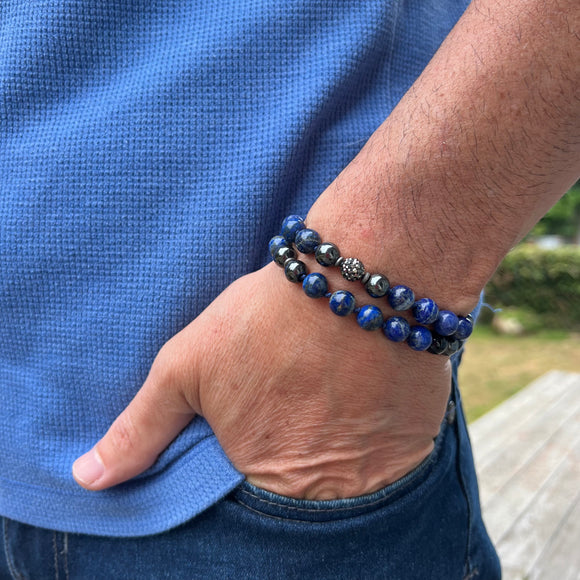 Lapis Lazuli, Black Onyx and Hematite Adjustable Beaded Bracelet
