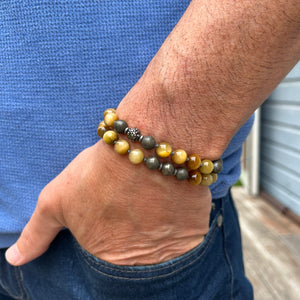 Golden Tiger's Eye, Pyrite and Hematite Adjustable Beaded Bracelet