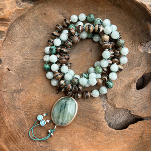 Tibetan Agate, African Turquoise and Green Angelite Mala with Aquamarine Guru Bead