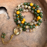 Nephrite Jade, Rutilated Quartz and Yellow Jade Mala with Yellow Topaz Guru Bead
