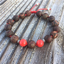 Coral & Tibetan Agate 8mm Adjustable Beaded Bracelet with Silver Accents