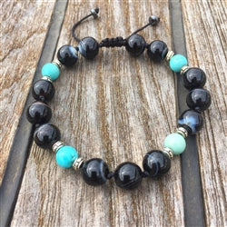 Botswana Agate & Turquoise 8mm Adjustable Beaded Bracelet with Silver Accents