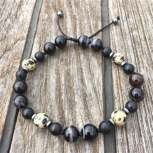 Botswana Agate & Dalmatian Jasper 8mm Adjustable Beaded Bracelet with Hematite Spacers