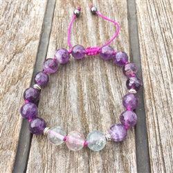 Fluorite & Amethyst 8mm Adjustable Beaded Bracelet with Silver Accents