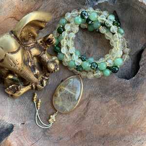 Citrine, Jade and Siberian Emerald Mala with Rutilated Quartz Guru Bead