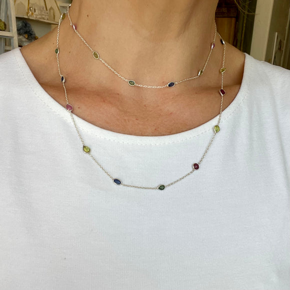 Silver- Ruby, Emerald and Sapphire Sterling Silver Necklace