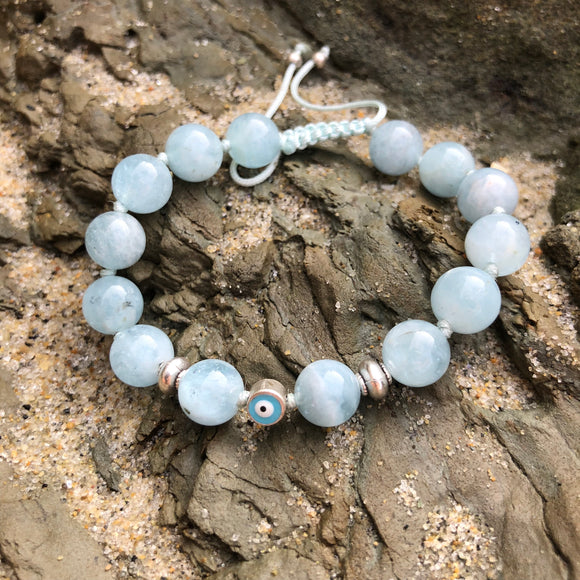 Aquamarine with Eye of Protection 8mm Adjustable Beaded Bracelet with Silver Accents