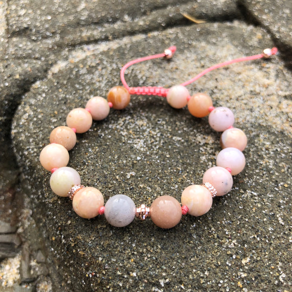 Pink Opal 8mm Adjustable Beaded Bracelet with Rose Gold Accents