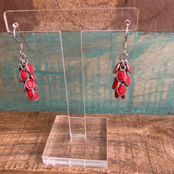 Silver - Red Coral Grape Earrings