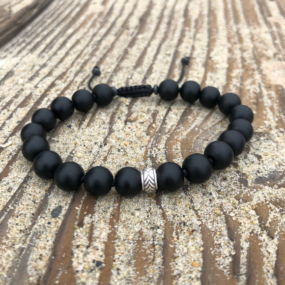 Matte Black Onyx 8mm Adjustable Beaded Bracelet with Silver Accents