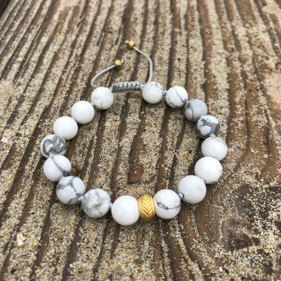 Howlite 8mm Adjustable Beaded Bracelet with Gold Accents, also available with Silver Accents