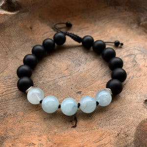 Matte Black Onyx and Aquamarine Adjustable Beaded Bracelet